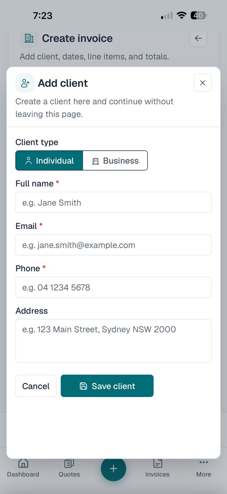 BillingMate invoice creation form