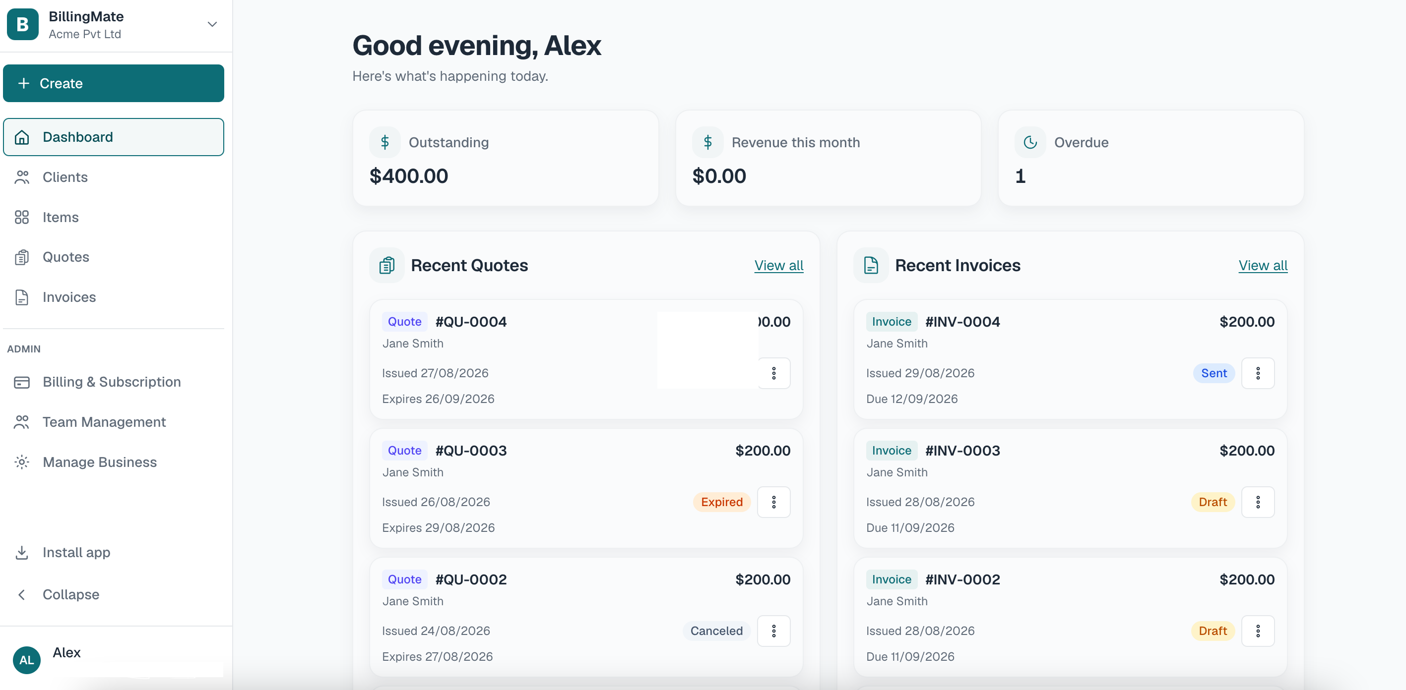 BillingMate desktop dashboard overview