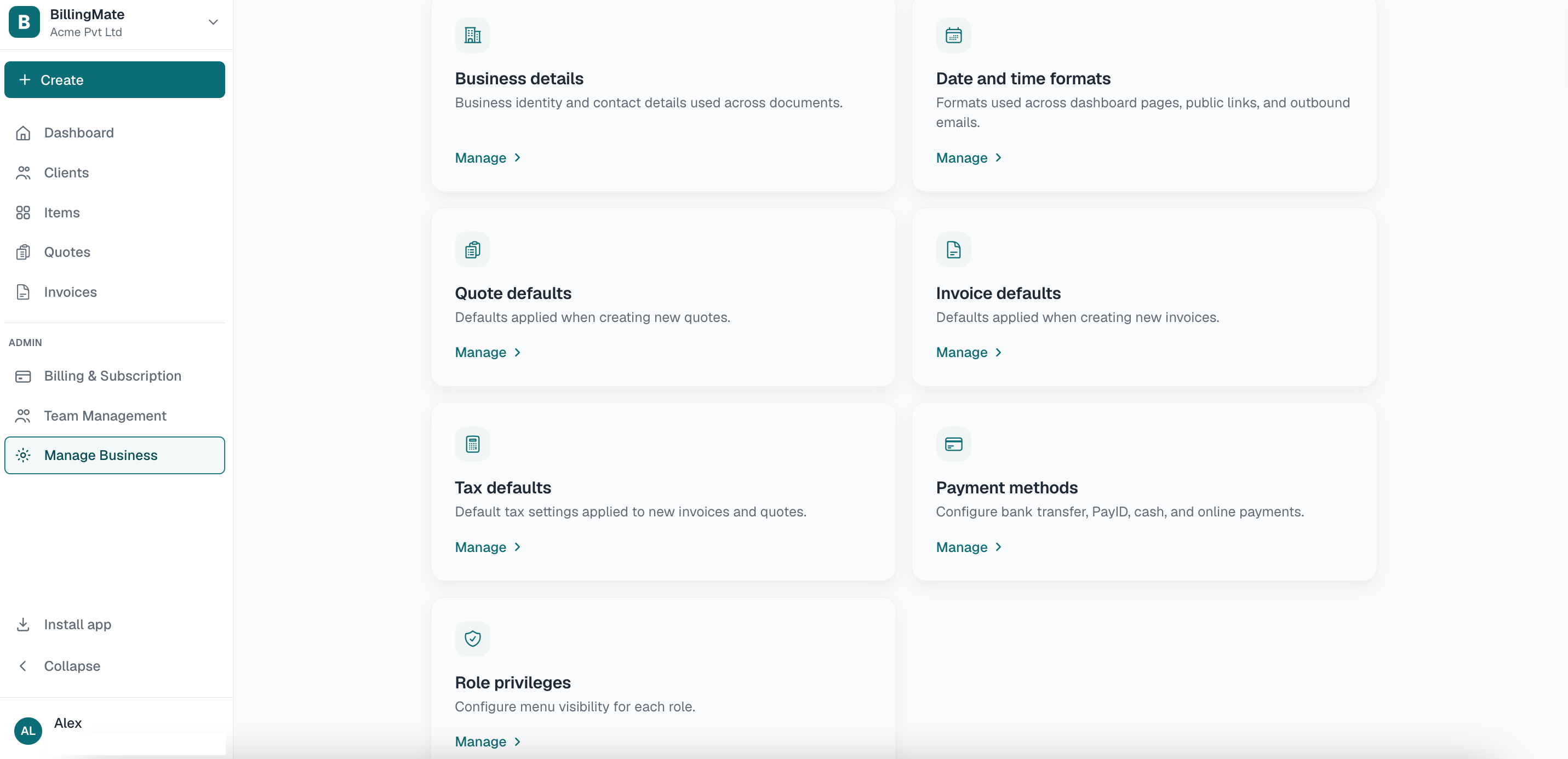 BillingMate desktop settings page